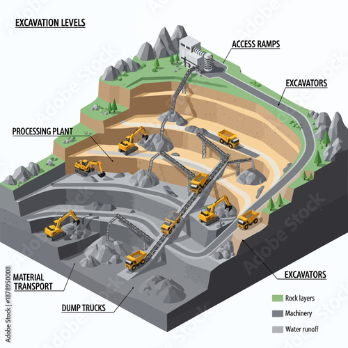 Detailed Isometric Illustration of an Open-Pit Mine with Excavation Levels and Heavy Machinery.