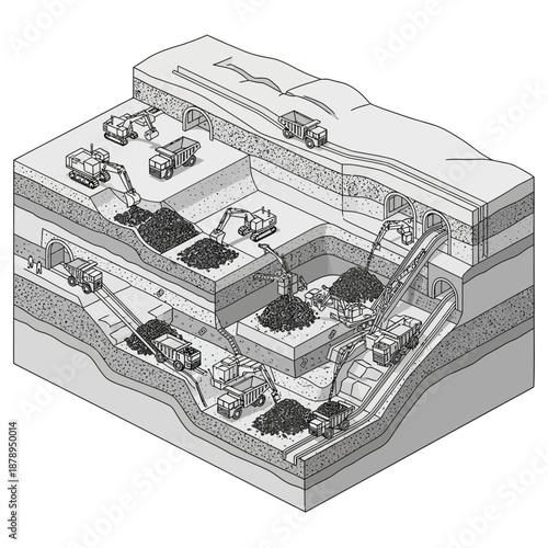 Detailed illustration of an open-pit mining operation with multiple levels and heavy machinery.