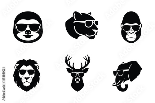 Cool animal head silhouettes with sunglasses, black vector mascot icons set of lion, elephant, fox and raccoon isolated on white background