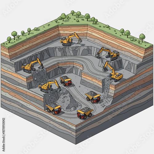 Isometric Cross-Section of an Open-Pit Mine with Heavy Machinery and Layered Earth.