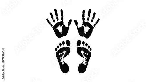 Black Ink Handprints and Footprints on White  Background 