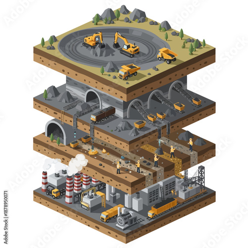 Isometric Cross-Sectional View of a Multi-Layered Mining and Industrial Complex.