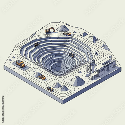 Isometric Illustration of a Large Open-Pit Mine with Heavy Machinery and Industrial Buildings.
