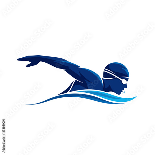 A stylized illustration of a swimmer in mid-stroke, depicted in shades of blue against a white background.