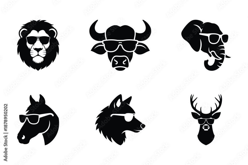 Fototapeta premium Flat vector animal silhouettes with shades, modern wildlife mascot logo designs