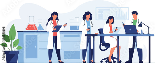 Illustration of diverse scientists working collaboratively in a laboratory setting with computers and equipment.