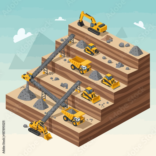 Isometric Mining Operation with Heavy Machinery and Conveyor Belts.