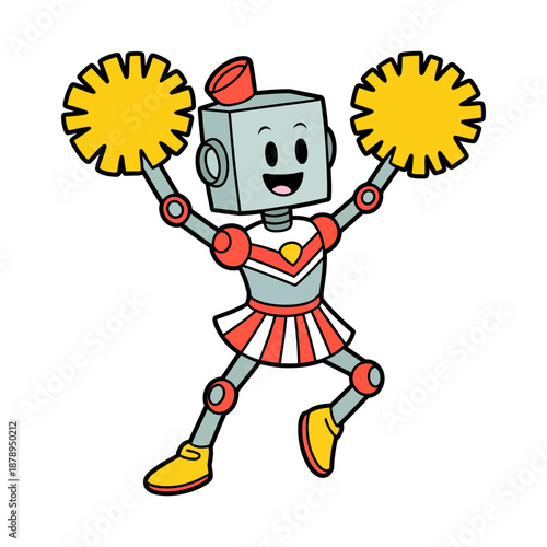 A cheerful grey robot character dressed in a red and white cheerleader uniform holding pom-poms