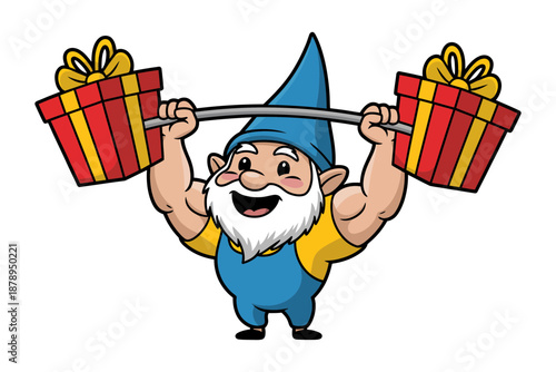 A strong and cheerful gnome lifting heavy gift boxes like a weightlifter
