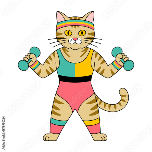 Energetic tabby cat embracing a retro fitness look, sporting a colorful leotard and headband