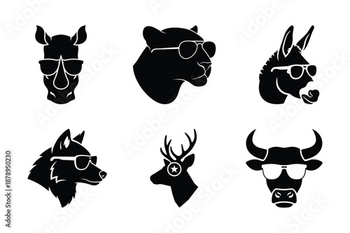 Cool wildlife vector silhouettes set in sunglasses including rhino panther donkey wolf deer and bull