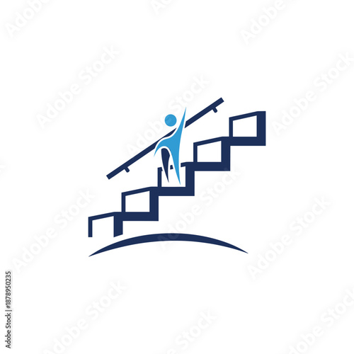 A stylized blue figure ascends a dark blue staircase, symbolizing progress and achievement.