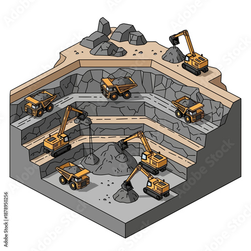 Isometric Open Pit Mine with Heavy Equipment and Excavators.