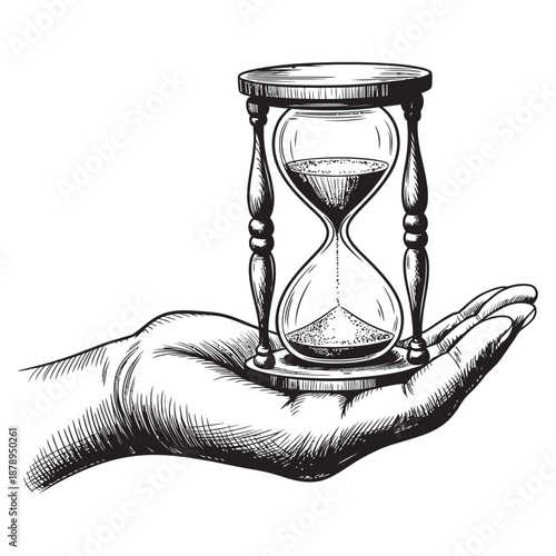 Hand holding an hourglass illustration: a timeless depiction of fleeting moments and passage of time