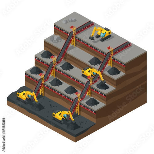 Isometric Open Pit Coal Mining Operation with Heavy Machinery.