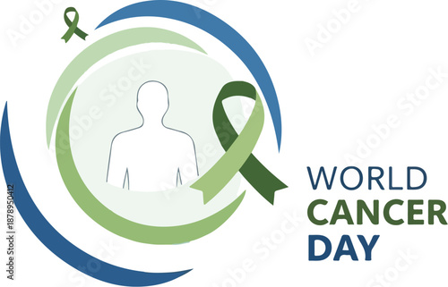 A green and blue logo for World Cancer Day featuring a human silhouette and green ribbon on a white background with a symbolic design.