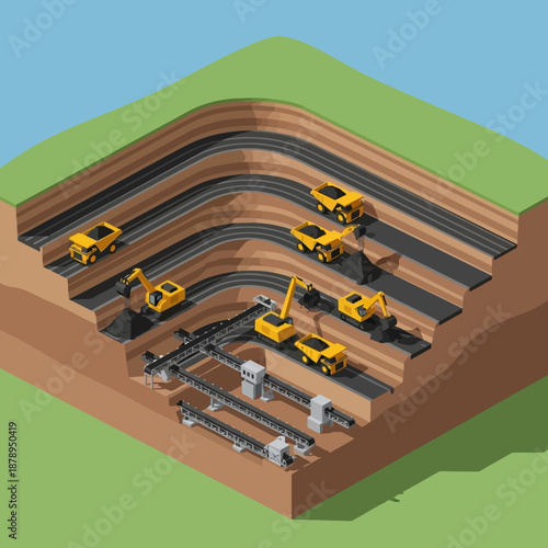 Isometric view of a large open pit mine with heavy machinery and underground infrastructure.