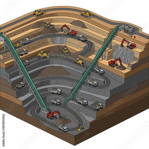 Isometric View of a Large Open Pit Mine with Heavy Machinery and Conveyor Belts.