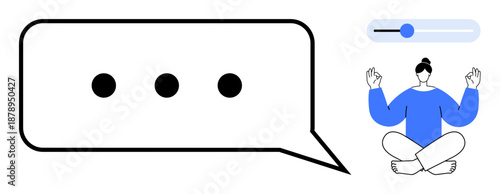 Emotional well-being, meditation, mindfulness, communication, mental health, relaxation. A person meditating next to a chat bubble and slider control. Mindfulness and communication concept