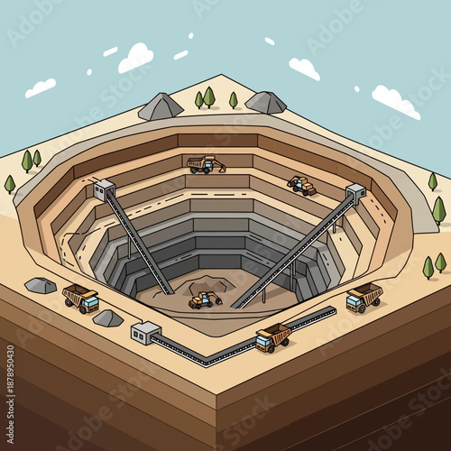 Isometric View of a Large Open Pit Mine with Heavy Machinery.