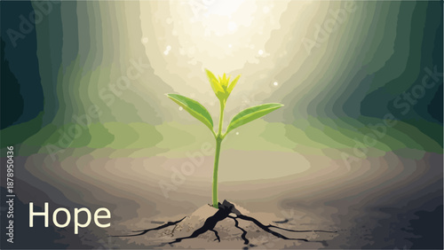 Illustration of a small green plant growing out of cracked earth with sunlight shining through, symbolizing hope and new life.