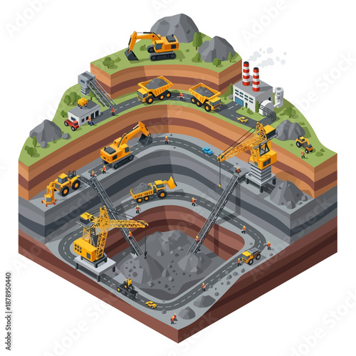 Isometric view of a large open-pit mine with heavy machinery.