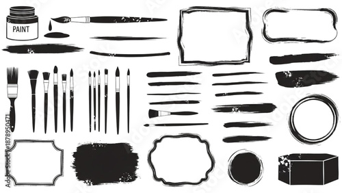 Assorted artistic tools and frames arranged neatly on a clean surface from a direct overhead viewpoint