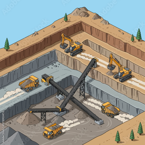 Isometric view of a large open-pit mine with heavy machinery and conveyor belts.