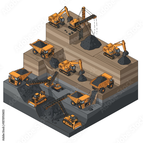 Isometric view of an open pit coal mine operation with heavy machinery.