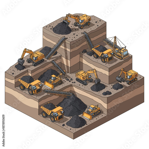 Isometric view of an open-pit coal mine with heavy machinery excavating and transporting coal.