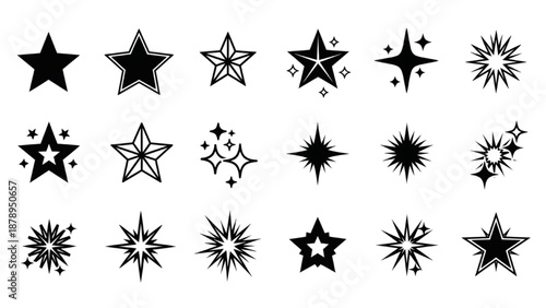 A collection of diverse star illustrations in various styles and designs shown from a straightforward viewpoint