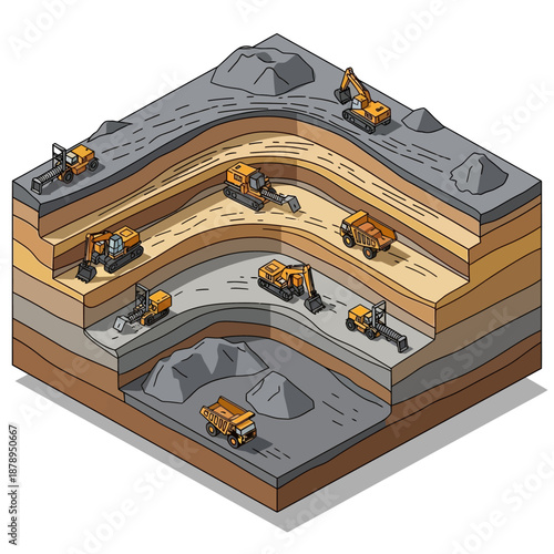Isometric view of an open-pit mine with heavy machinery.