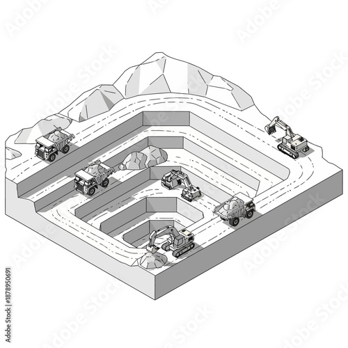 Isometric view of an open-pit mine with heavy machinery.