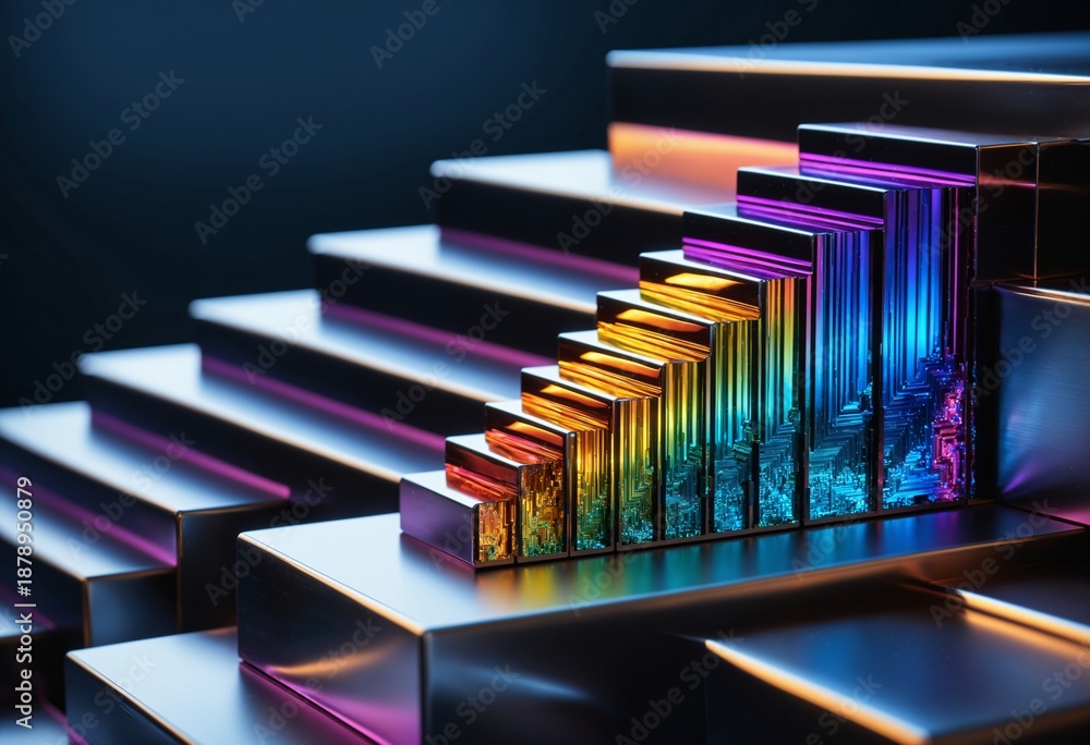 Obraz premium Abstract futuristic metallic stairs with colorful iridescent bismuth crystal texture, concept of business growth, financial progress and success.