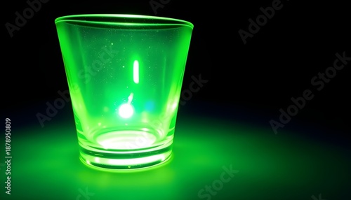 Vintage Uranium Glass Tableware Green Glowing Under top UV violet Light on dark background