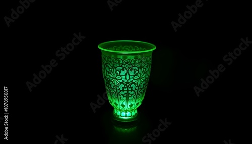 Vintage Uranium Glass Tableware Green Glowing Under top UV violet Light on dark background
