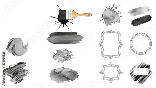 Collection of artistic brush strokes and frames on a clean white background from a straightforward viewpoint