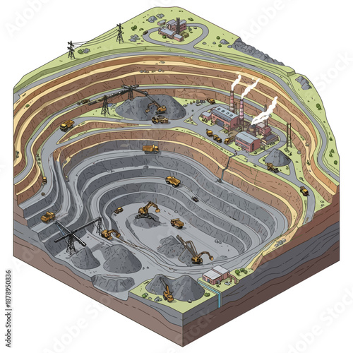 Open Pit Mine Operations and Infrastructure Detailed Illustration.