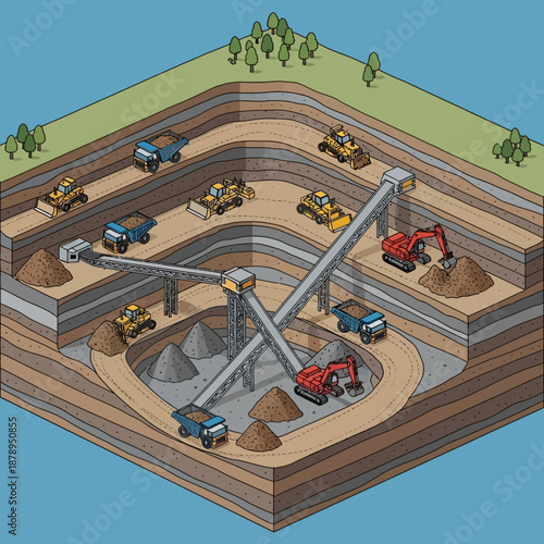 Open Pit Mining Operation with Heavy Machinery and Trucks.