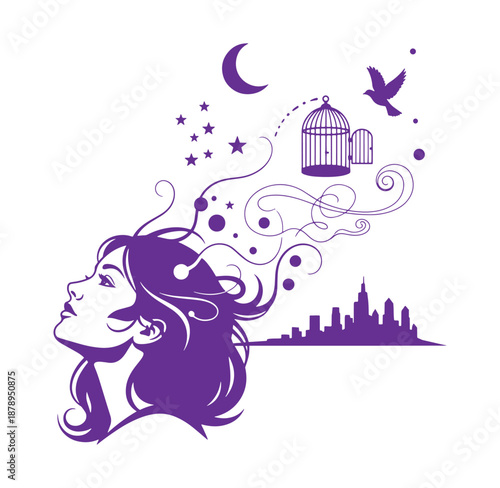 woman with long hair and cityscape in background looking up at bird flying out of cage with stars and moon