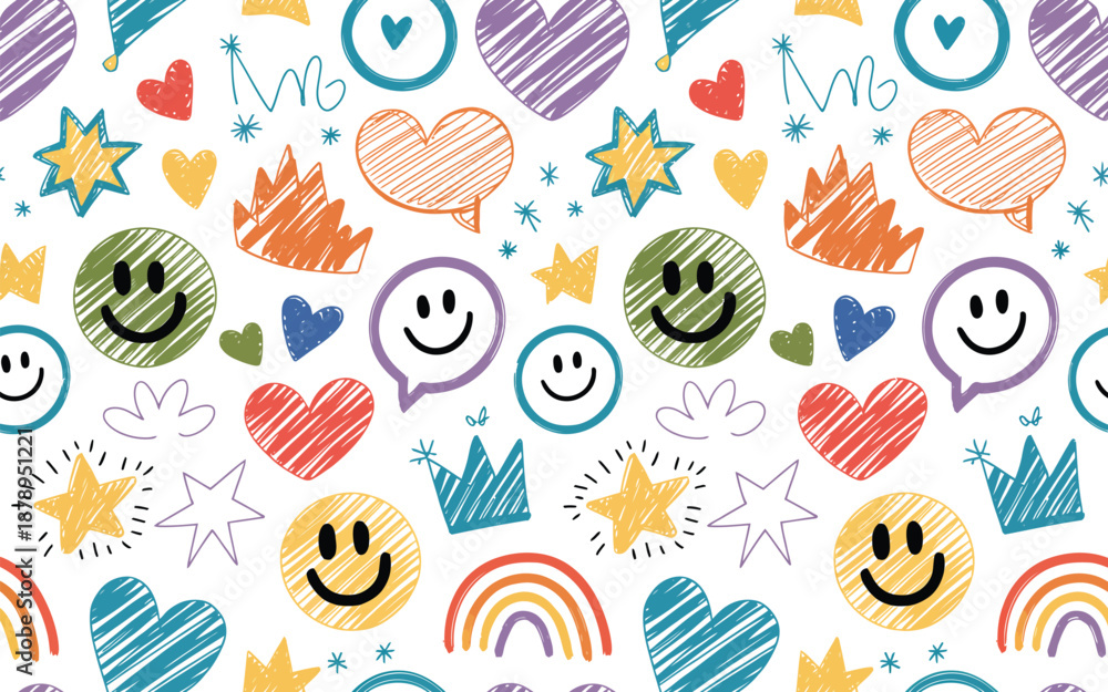 Fototapeta premium Colorful hand drawn hearts stars rainbows crowns and smiley faces create a playful pattern ideal for design projects on transparent
