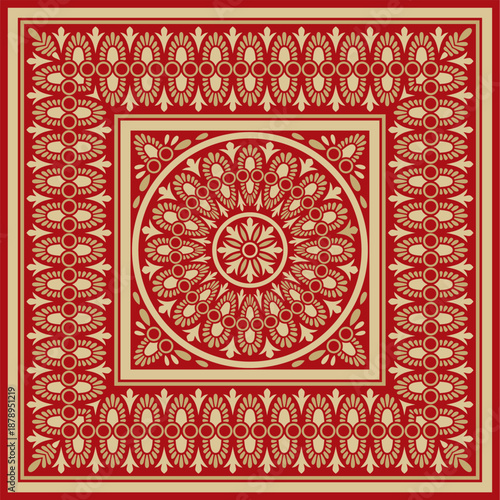 Classic Greek red and gold square ornament. Vector pattern, ancient Hellenic rectangle. European border.