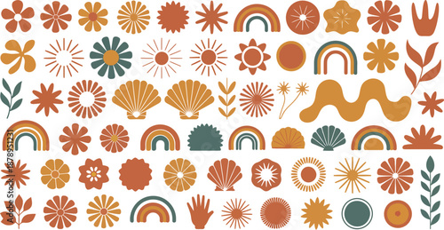 Collection of boho floral and celestial elements including rainbows flowers shells and leaves on transparent background high-quality professional detailed modern