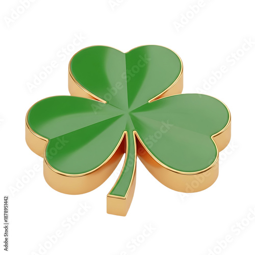 Green Shamrock with Gold Trim on White Background clover