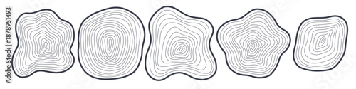 Set of abstract hand drawn tree rings. Minimal topographic map concept. Blobs of wavy dynamic lines. Thin black lines on transparent background. Vector EPS 10 with Editable line thickness