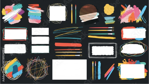 Assorted colorful stationery and craft supplies arranged on a dark background