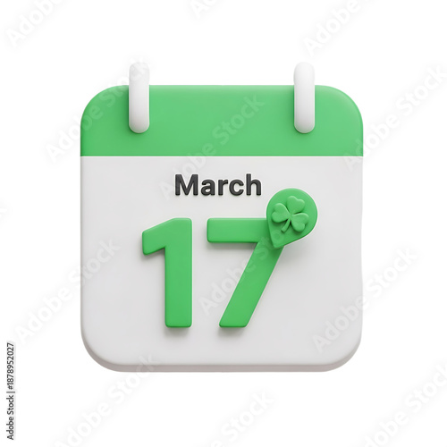 March 17th calendar icon with shamrock on white background