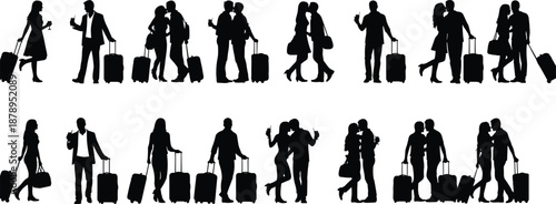 Silhouettes of Couples Traveling with Rolling Suitcases, Depicting Movement, Interaction, and Lifestyle in Black and White Travel Scene
