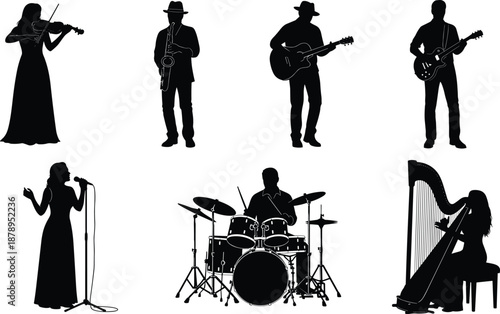 Silhouettes of diverse musicians playing instruments and singing, isolated on white background for music performance and artistic themes.