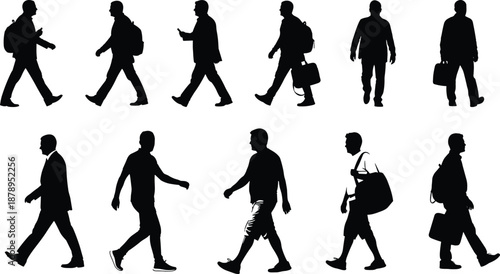 Silhouettes of diverse walking men and women carrying bags and backpacks, side view vector set for travel and commute.